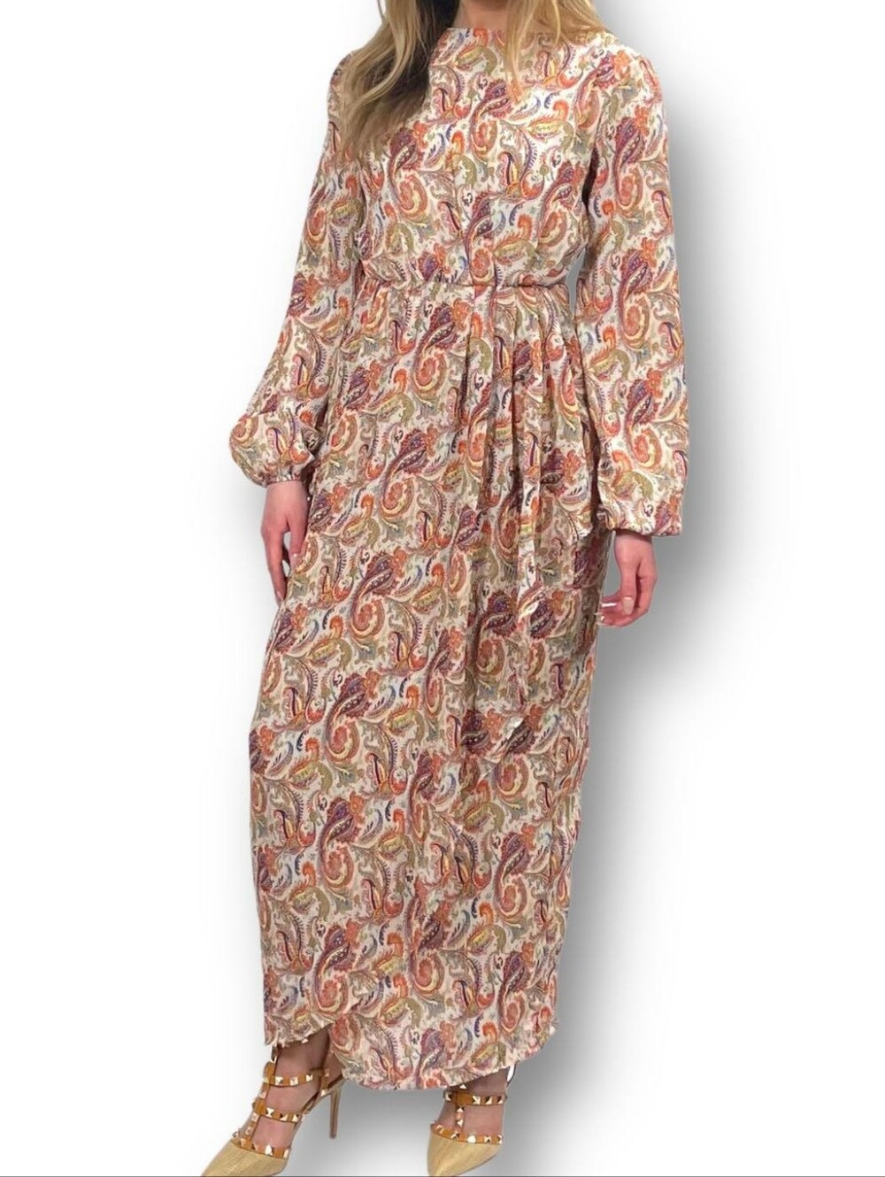 Elegant Paisley Print Long Sleeve Dress Size L Faux Wrap Modest Floral Fall NWT